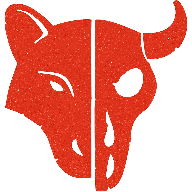 an extremely minimalist red icon of half stoat face merged with half minotaur skull, with deliberately broken and incomplete outlines, weathered appearance like old parchment, parts of the design missing or faded away, sparse details but still recognizable, fully red with distressed texture emoji