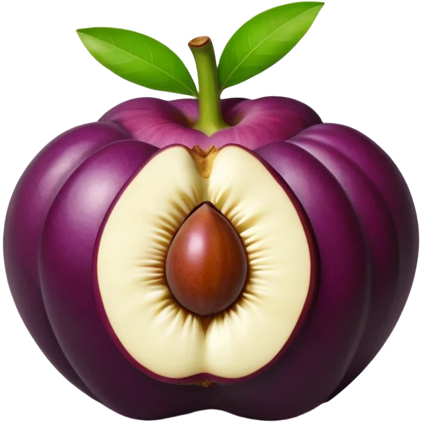 whole mangosteen with thick deep purple rind and green segmented calyx on top, next to a halved fruit revealing glossy white segmented flesh inside, soft juicy interior, firm outer shell, no leaves plate or extras, apple emoji style, soft lighting, subtle shadows, transparent background, emoji scale emoji