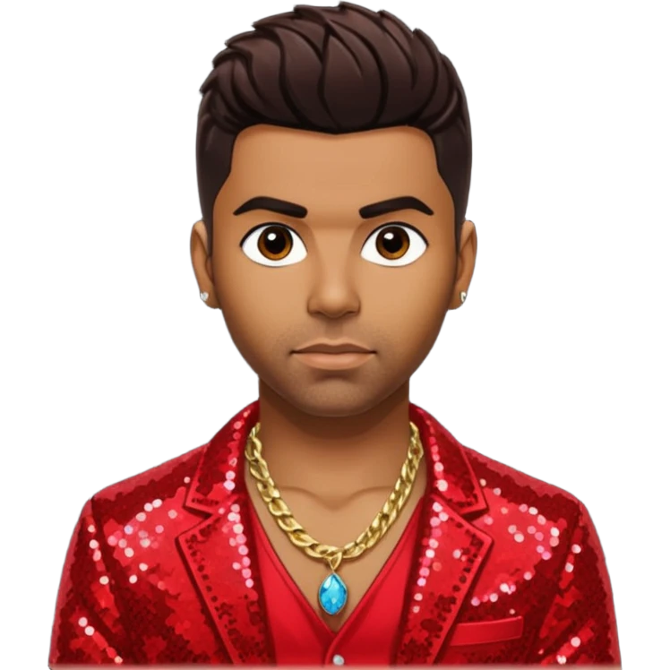 Ginuwine dark brown hair, red sequin jacket, shirtless with necklace emoji