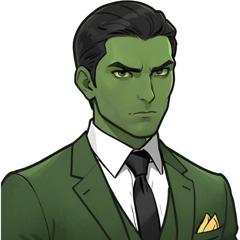 male memoji, dark hair, light stubble, strong jawline, luxury black suit and tie, gold watch, intense stare, charismatic billionaire aura emoji