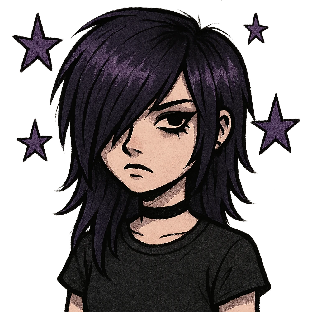 purple emo girl, dark purple hair with side bangs, black eyeliner, choker, moody expression, star accents emoji