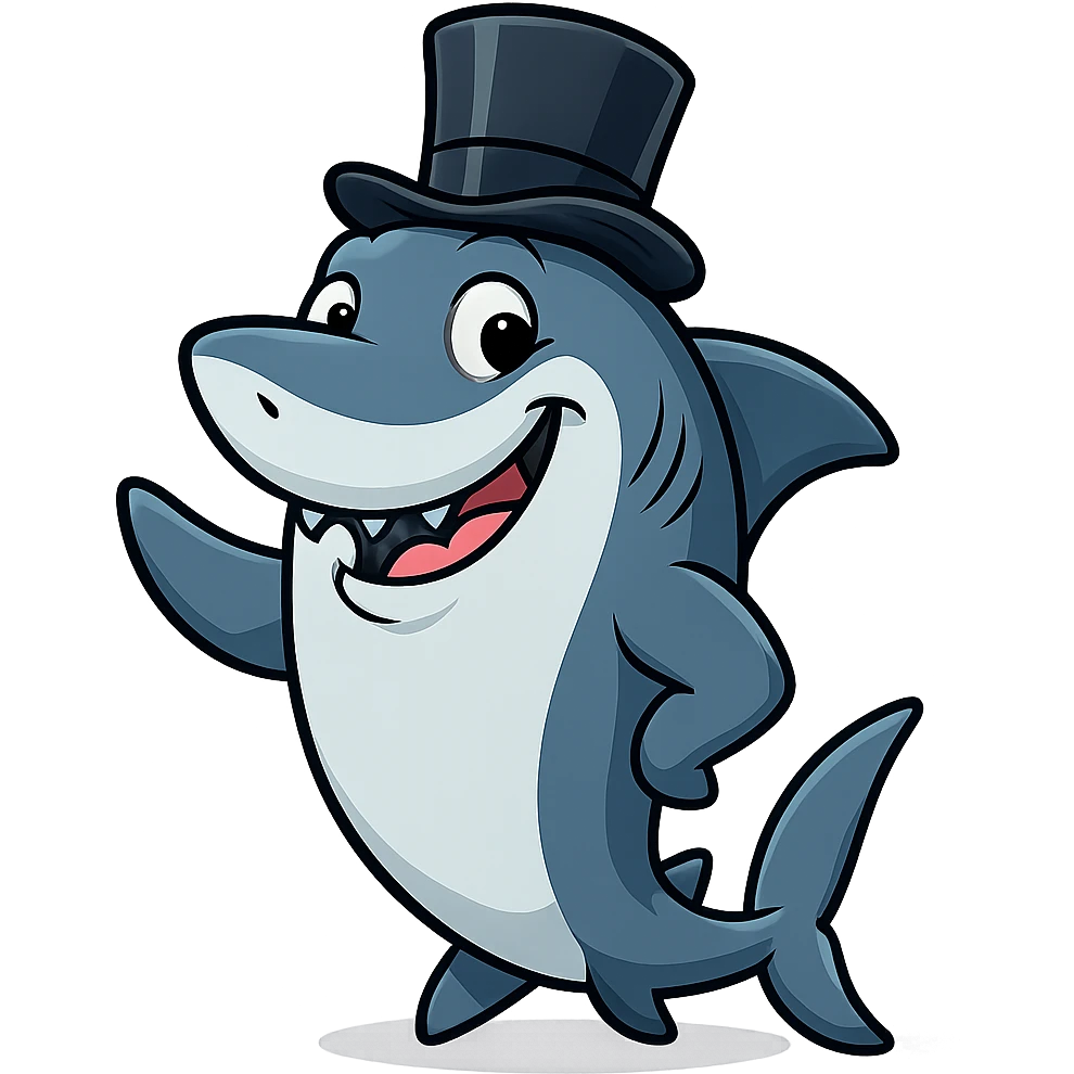 cartoon shark in a top hat, friendly expression emoji
