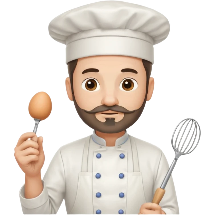 Middle aged male pastry chef - with a small beard, apron, white hat, and holding an egg beater in his hand emoji