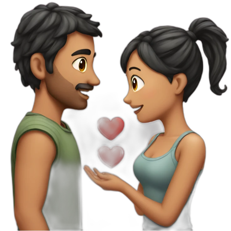 Man loves woman with pigtails, heart between them emoji