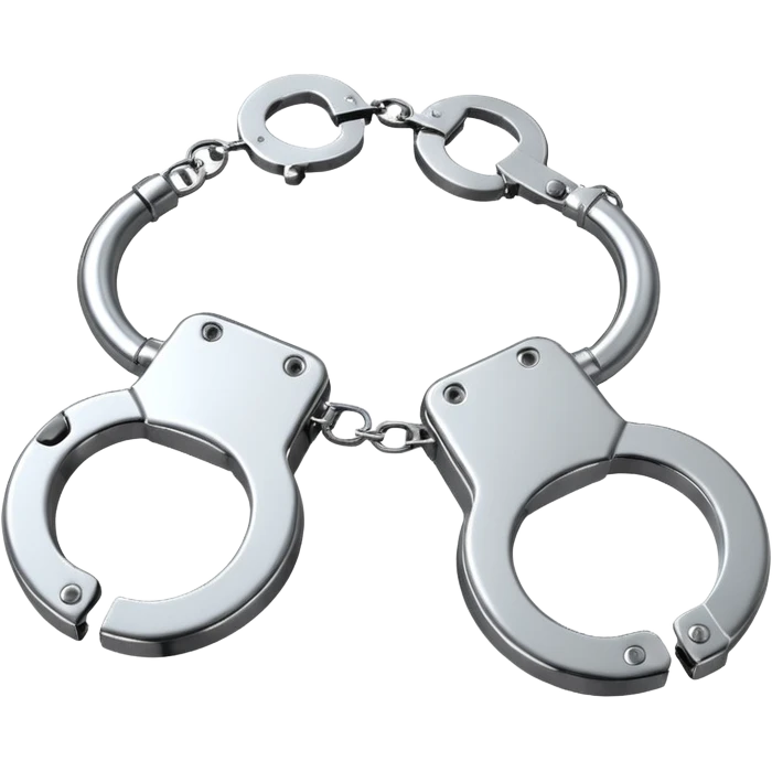 A pair of elegant handcuffs emoji made of silver chrome, smooth rounded design, glossy metallic reflections, luxury fetish aesthetic, minimal iOS emoji style, centered, clean white background emoji