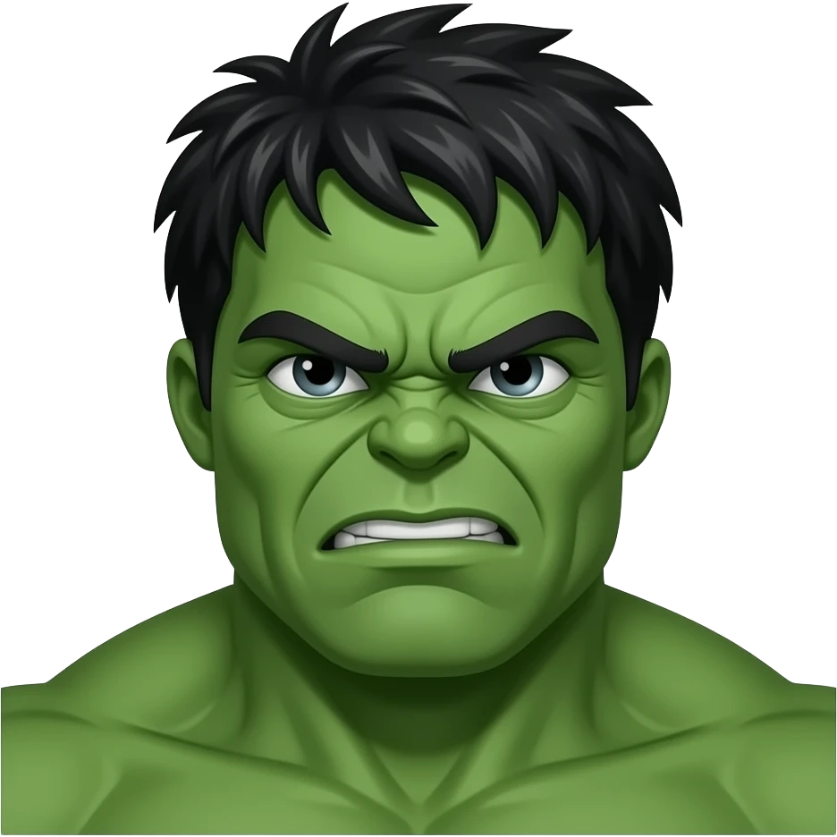 Like 🙂. Green emoji with spiky messy black hair, incredible hulk like, but still a plain Android /iOS style emoji. Like a regular emoji, not human like emoji
