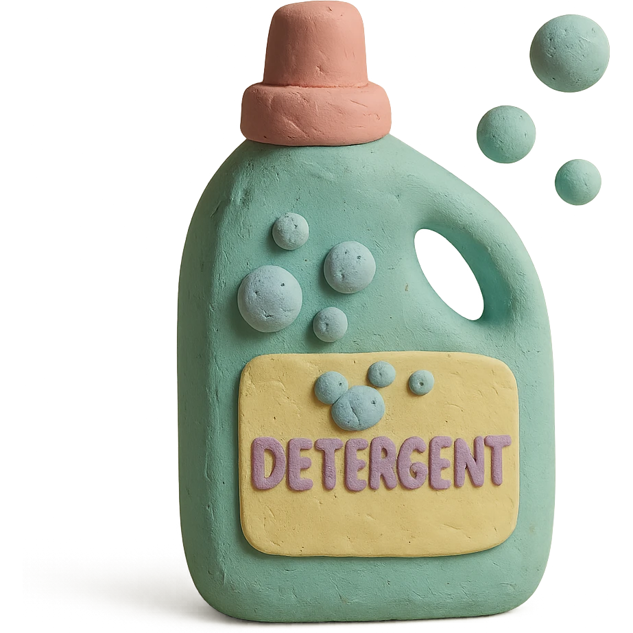 detergent bottle in claymation style with bubbles and a playful label, pastel palette emoji