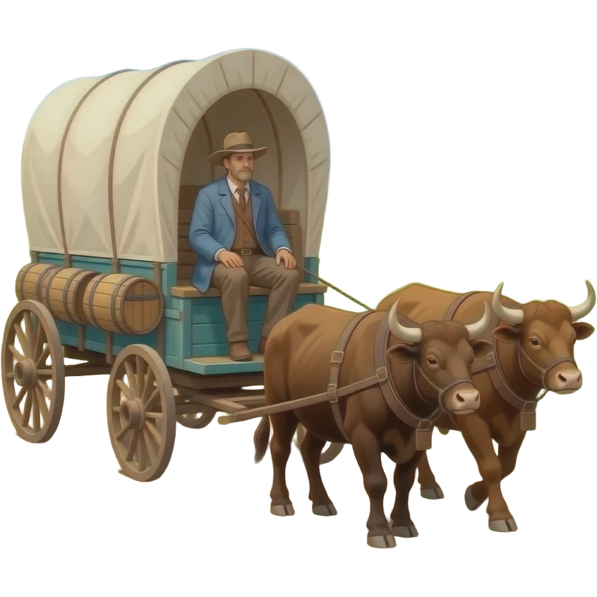 man sitting on seat of covered wagon and walking down the oregon trail with two oxen at the head of the wagon. The wagon is full of crats and barrels from the pioneer time. There are also barrels attached to the side of the wagon. emoji