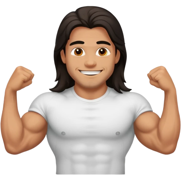 muscled happy guy, long dark hair, t-shirt emoji