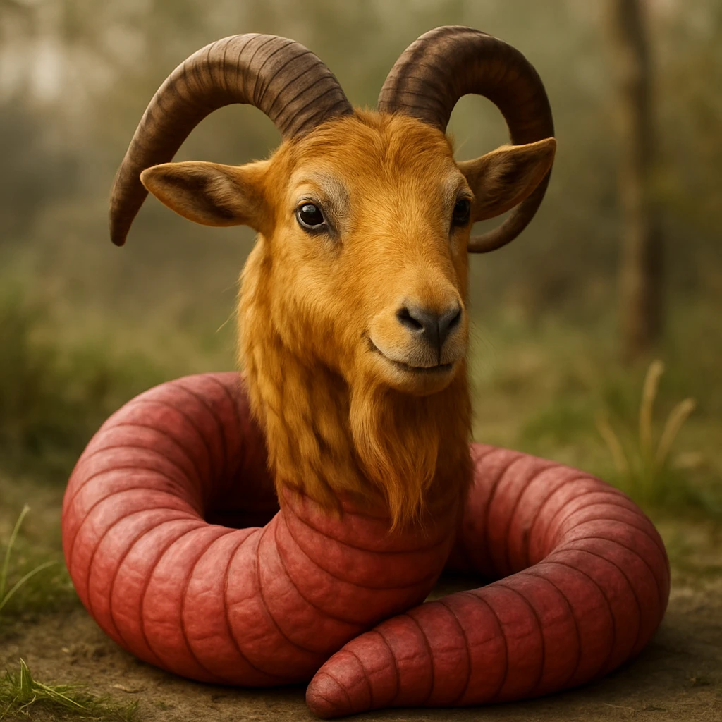 Make this goat-worm hybrid more realistic with a goat's head and beard showing lifelike fur, a coiled worm body with realistic segments and subtle color, and expressive but natural eyes. Render in photorealistic style. emoji