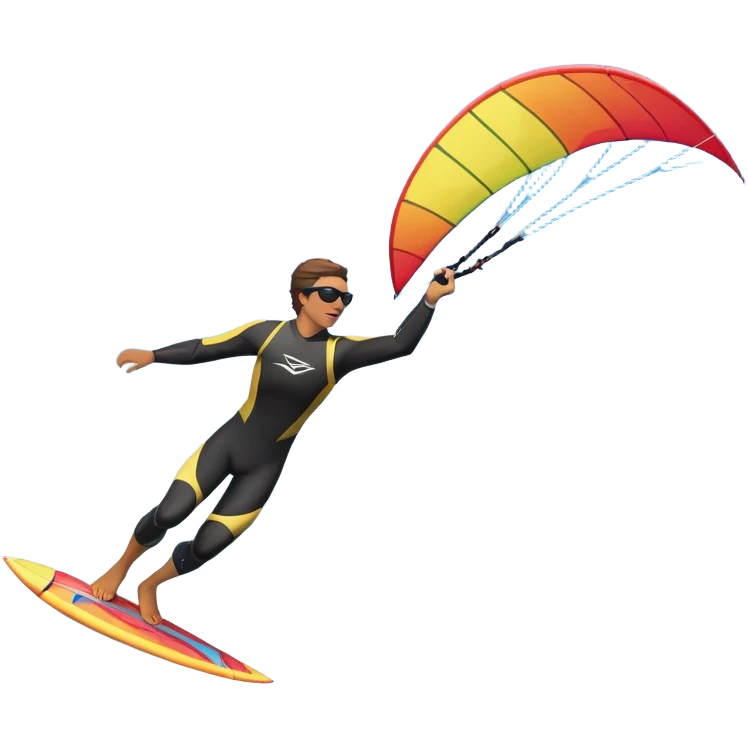 A kite surfer soaring above the waves, holding onto a kite with the wind in full force. The background showcases the ocean and sky, emphasizing the freedom, thrill, and energy of the sport. The motion of the kite and board is dynamic, capturing the excitement of kiting. emoji