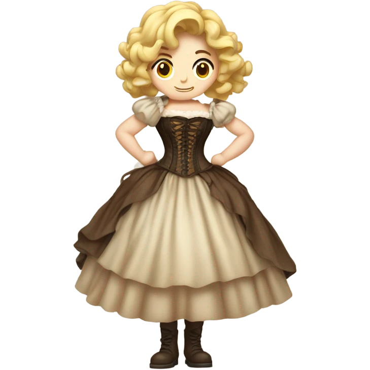 a blonde girl with brown hair standing with her back tied an old corset on a fluffy dress emoji