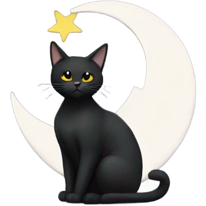 Black cat sitting on a white crescent moon with a face  emoji