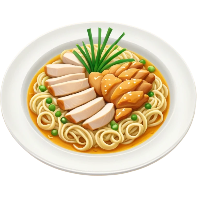 A plate of noodles with yellow sauce and chicken at the top emoji