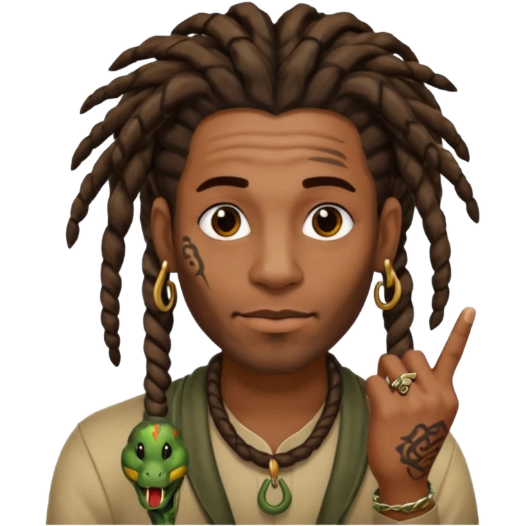 Black man with dreads and snake tattoo on forehead with index finger under his nose  emoji