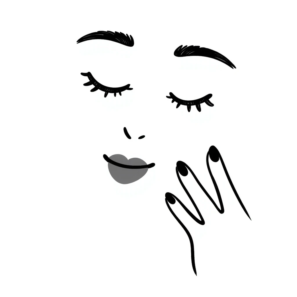 A hand-drawn face with closed smiling eyes with eyelashes, pursed lips wearing lipstick, and a hand with painted nails where only the thumb is out emoji