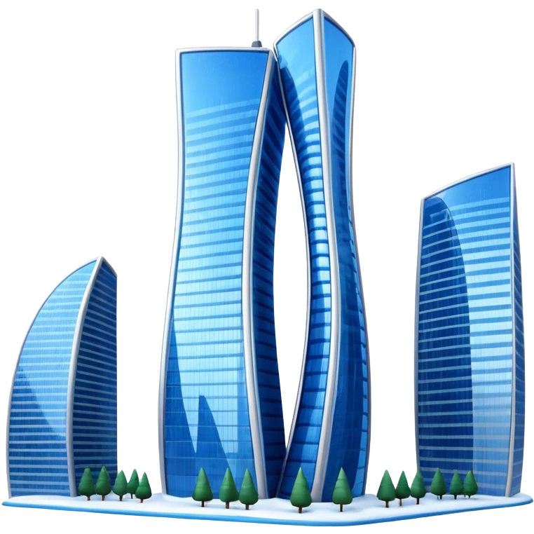 Apple style 3D emoji of the Evolution Tower from Moscow City.
Twisted skyscraper made of blue reflective glass, realistic reflections, light snow on the edges. Glossy 3D icon, smooth shading, high quality, isolated on a white background. emoji