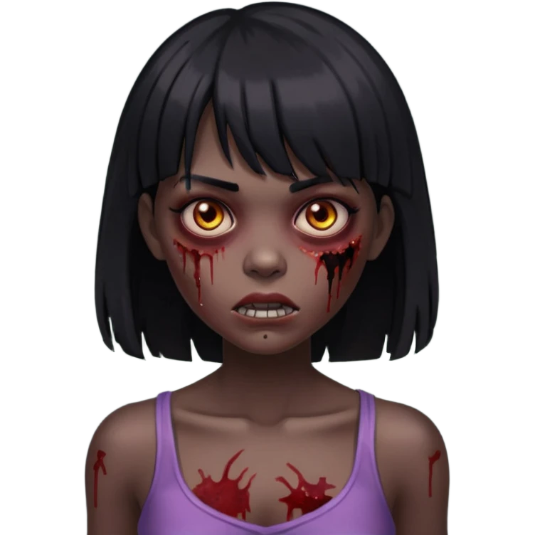 Um zumbi feminino, com cabelo preto e franja, machucados pelo rosto e torso, fundo escuro destacando o rosto com sombras emoji
