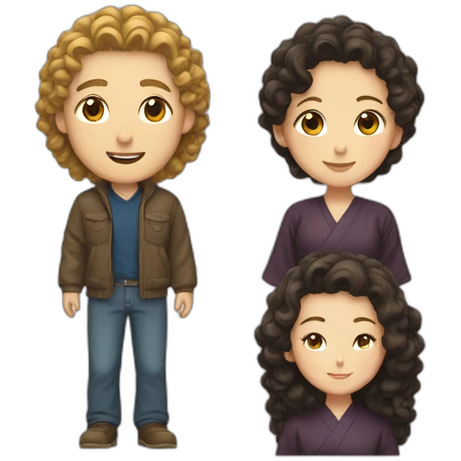 a white man with curly mid-length hair in love with a japanese woman with long hair emoji