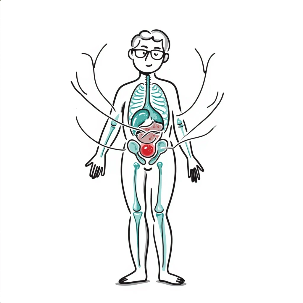 Anti-inflammatory process medical diagram: transparent human body with glowing joints and organs, blue-green healing energy waves neutralizing red inflammation spots, clinical aesthetic with soft lighting and futuristic background emoji