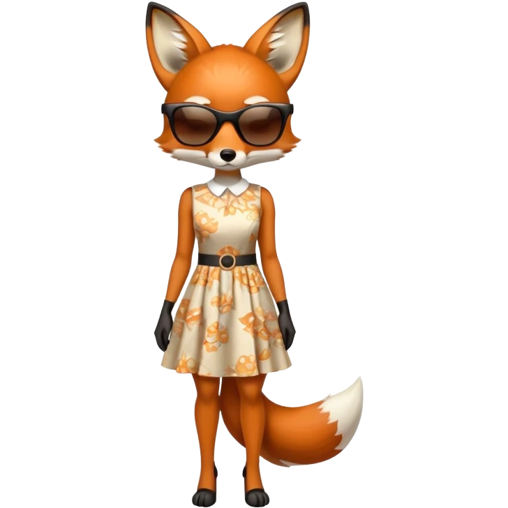 serious anthropomorphised female fox in stylish dress with sunglasses, full-body view emoji