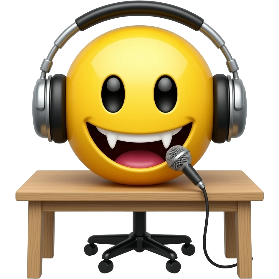Vampire yellow smiley face with headphones and a standing desk microphone emoji
