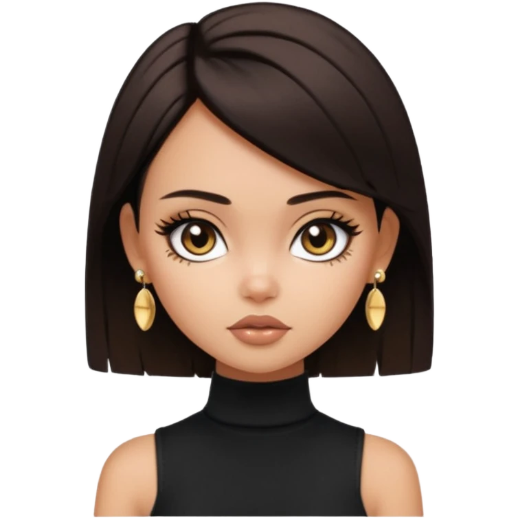 generate a pretty bratz girl in black cami top, dark brown straight short hair, eyeliner on. dark brown eyes. Wearing sleeveless white turtleneck, gold stud earrings emoji