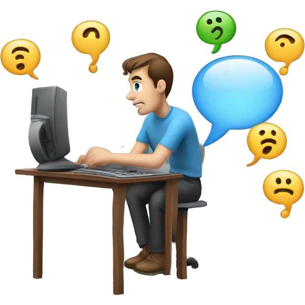 Guy playing computer with question marks in thought bubble emoji