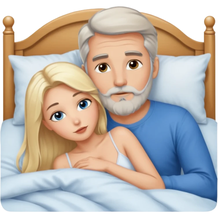 Cuddling Man with hazel eyes and gray beard kissing sexy  blonde blue-eyed  woman in bed emoji