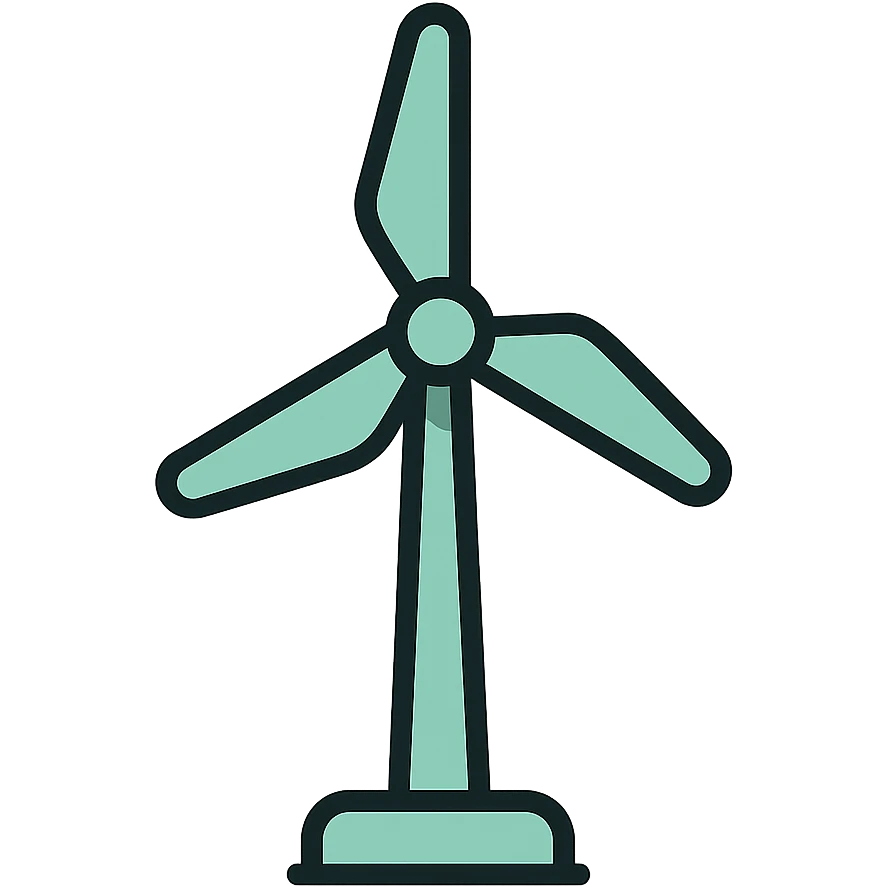 Skeuomorphic wind turbine icon with mint green #B5F4D3 and black #111111 color scheme, showing a detailed turbine with realistic blades, clean symmetric design with subtle depth and soft light emoji