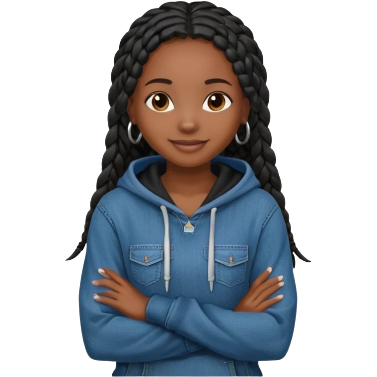 African American dark skin girl with long black box braids wearing a plain black hoodie with denim skinny jeans with arms folded across chest emoji