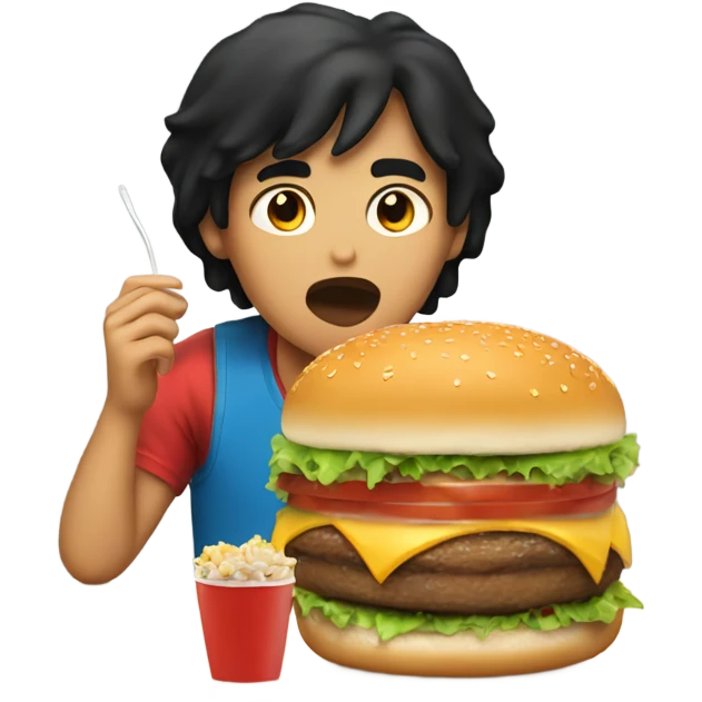 Boy with black hair to his shoulders eating a large burger  emoji