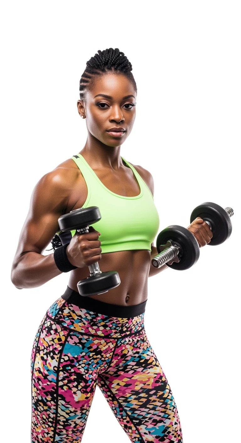 donna fitness in forma con manubri da palestra in mano, isolata su sfondo bianco emoji