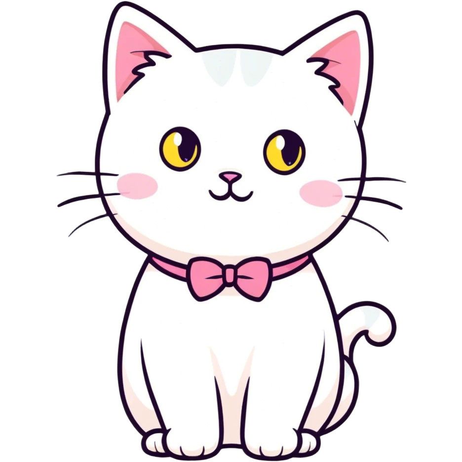 White cat with yellow round nose and a pink bow emoji