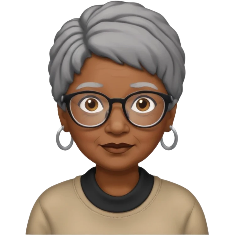 emoji of a black grandma women with black and gray hair in a low ponytail with glasses and brown eyebrows emoji