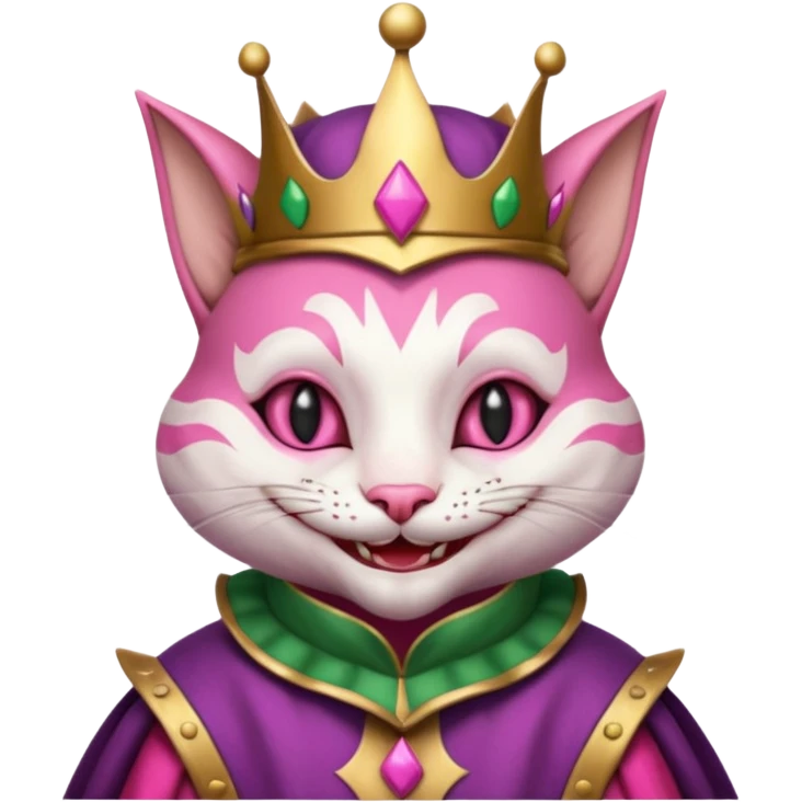 court jester cat medieval, single poker card joker clearly visible, pink, face only emoji