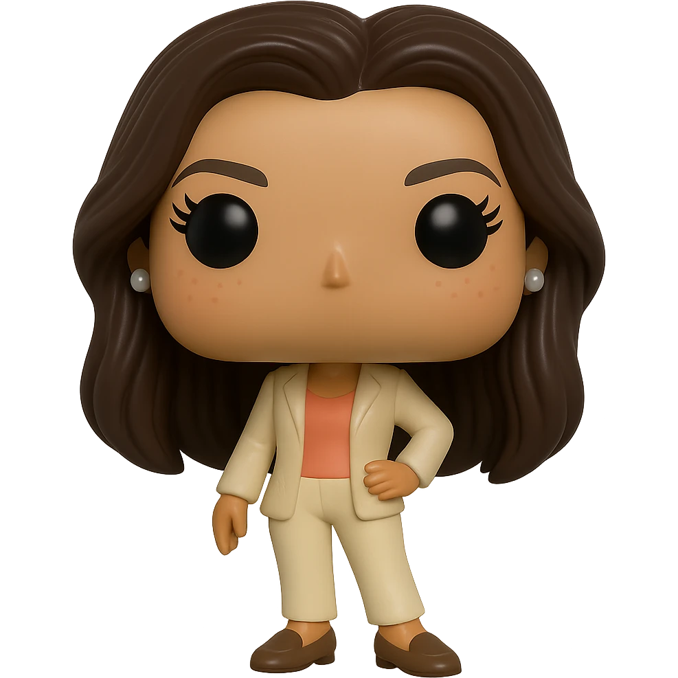 Create a superior quality Funko Pop style vinyl figure of Eva Longoria with luminous smooth tanned skin, detailed dark hair, textured cream blazer, peach top, cream bottoms, small pearly earrings, greige leather loafers clearly visible, cool pose, rosy cheeks, very discreet freckles, eyelashes, mischievous and cheerful expression, no mouth, transparent background. emoji