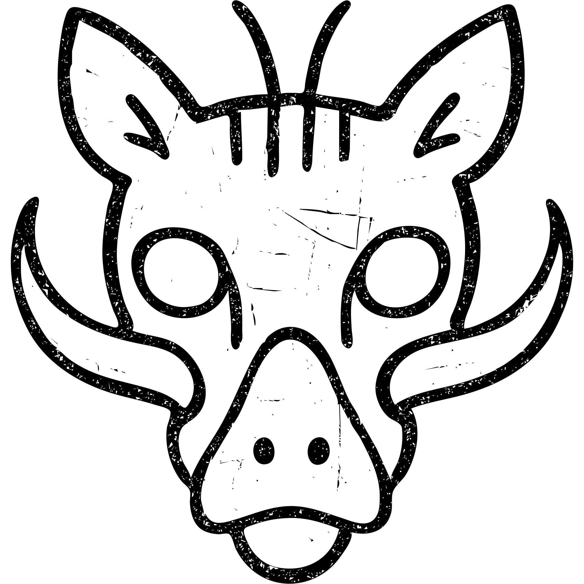 a highly abstract and minimalist red icon combining: stoat fur texture, minotaur skull with horn, frog eyes, elf facial structure, moth antennae, cat ears, platypus bill elements, and capybara nose, all fused into one bizarre chimeric head, extremely weathered with scratches, broken lines, and worn appearance, entirely red emoji