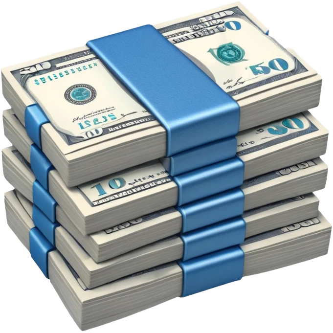 a neat bound stack of blue-and-white banknotes, koan bills , 90s futuristic, the band is dark gray emoji