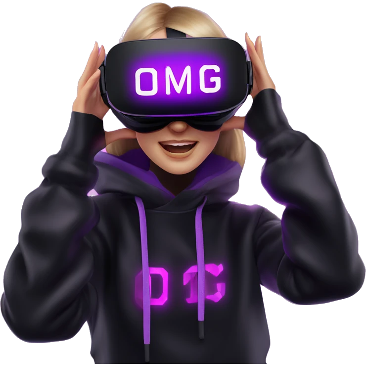 Russian girl wearing black hoody with violet letters "OMG", in vr headset oculus quest2. Dancing. Cyberpunk style. Violet neon. emoji