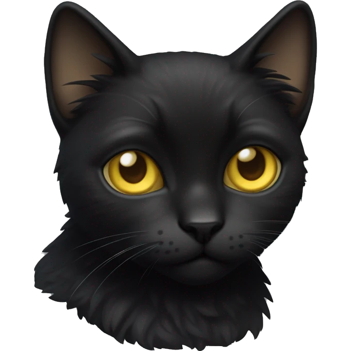 A  petite, solid black furred cat. Light yellow eyes. Black pointed tufts of fur at the very tips of ears only (tip of triangle on ear). Fully body and no other color markings. Facing forward with ears slightly tilted. emoji
