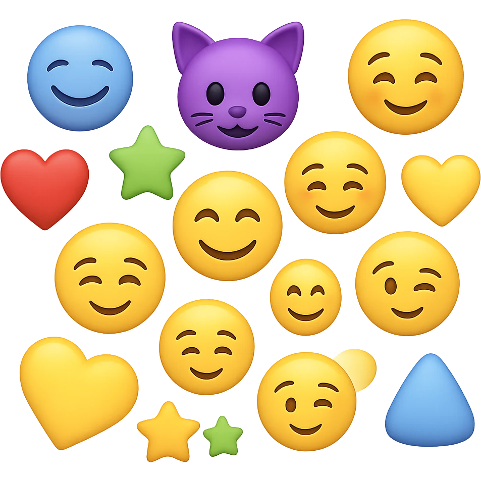 Create a cluster of about 15 to 18 different 3D Apple style emojis inspired by the provided image. The emojis should be spaced apart so that none of them touch each other on the sides, and none should go beyond the boundaries. The background should be removed, leaving only the emojis visible. emoji