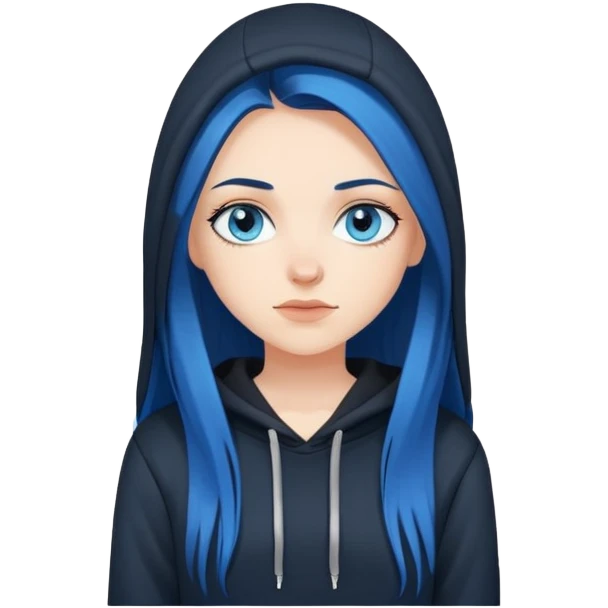 white girl with long straight dark blue hair wearing black hoodie blue eyes emoji