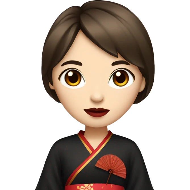 Girl with brown hair and brown eyes red lips wearing black with Chinese fan in hand emoji