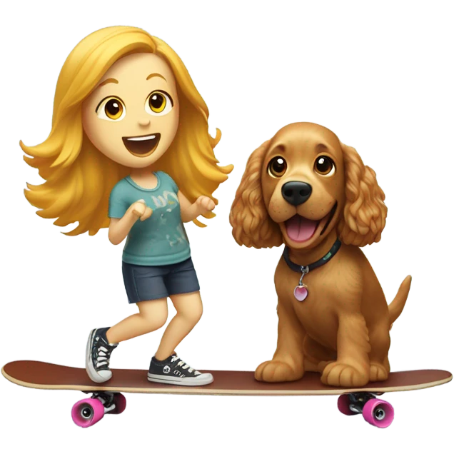 blonde woman and ginger show cocker on a skateboard singing emoji