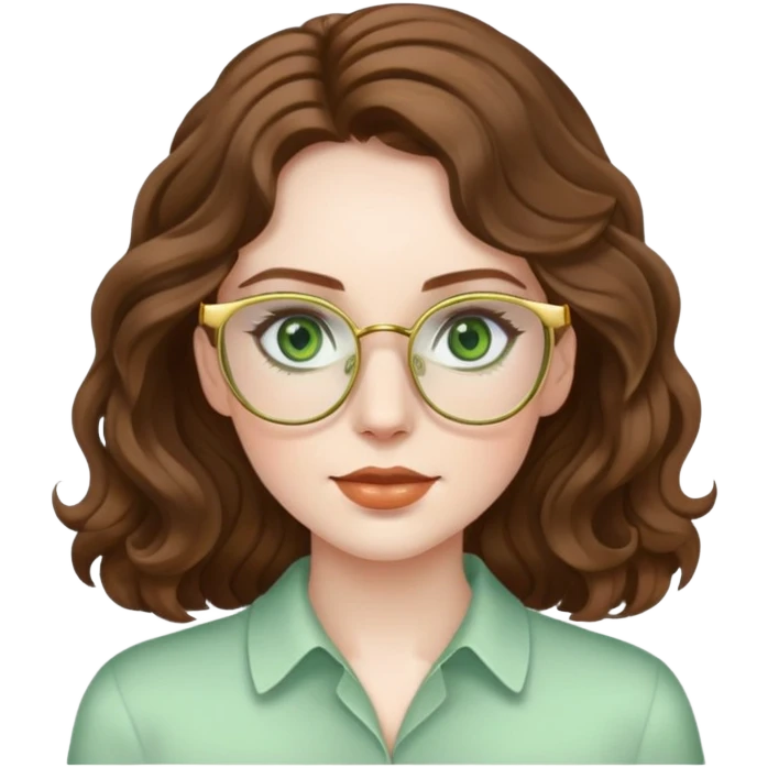 woman with pale skin, brown wavy hair, green eyes, gold glasses emoji