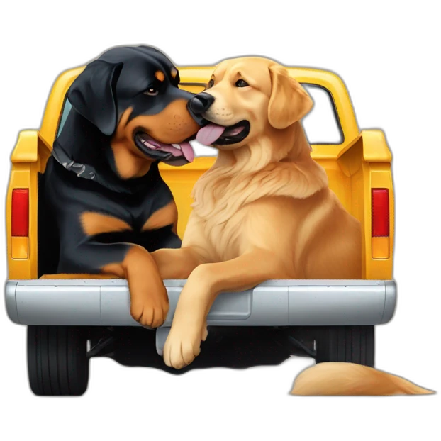 A rottweiller hug A Golden retriever in a truck emoji