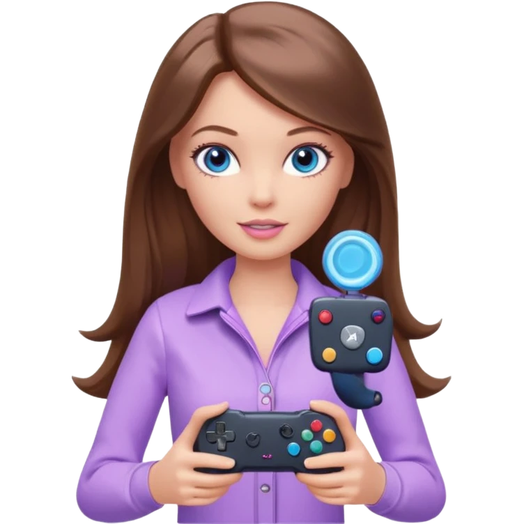 beautiful barbie girl with long brown hair, blue eyes and wearing light purple clothes playing console games with controller emoji