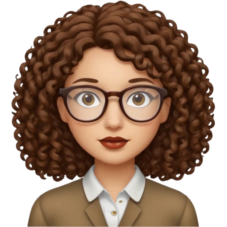 Young woman, curly brown hair, shoulder-length, brown lips, glasses emoji