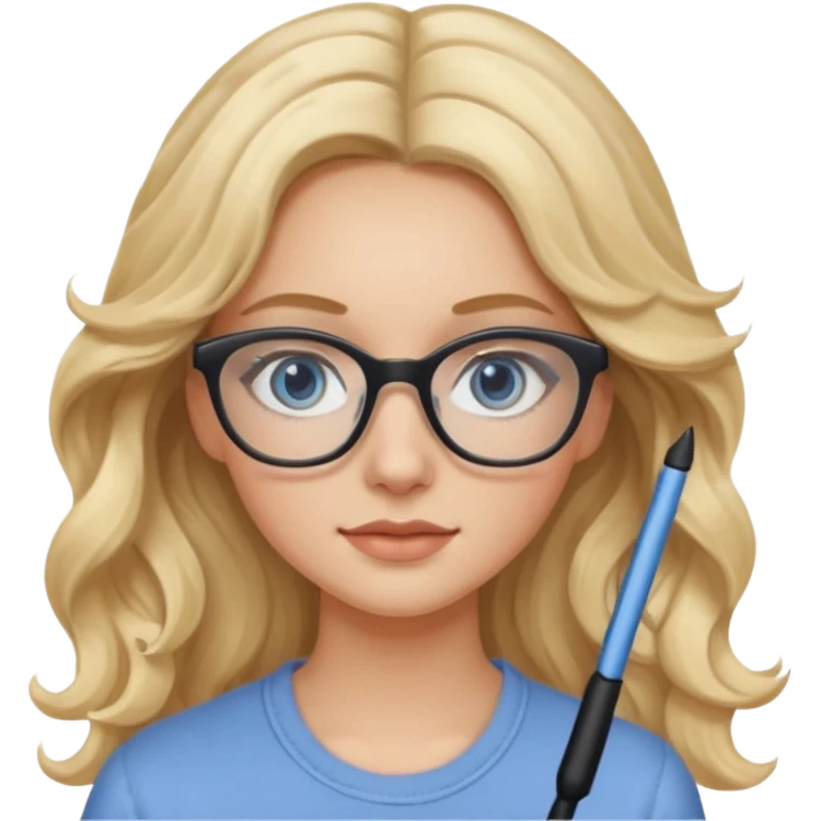 Fille 20ans qui a des cheveux long et blond et wavy avec des lunettes et des yeux bleu- gris avec du mascara emoji
